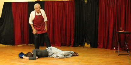 PHOTO: The Tapster (Charles Baker) discovers Slie (Maria Pleshkevich) sleeping outside his tavern in Bad Quarto's 2015 production of 		
				<em>The Taming of a Shrew</em>, directed by Tony Tambasco. Photo by Bad Quarto Productions.