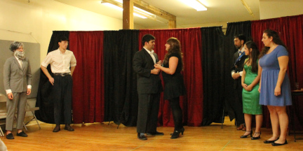 PHOTO: Ferando (Derek Peruo) and Kate (SaraLynn Evenson) surprise everyone with their happy marriage in Bad Quarto's 2015 production of 		
				<em>The Taming of a Shrew</em>, directed by Tony Tambasco. Photo by Bad Quarto Productions.