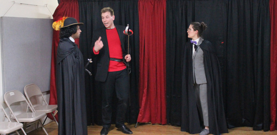 PHOTO: Hamlet (Alex Dabertin, center) bids Horatio (Rachel Matuse, right) and Marcellus (Arif Silverman) to swear by his sword in Bad Quarto's 2016 production of 		
				<em>Hamlet: The First Quarto</em>, directed by Tony Tambasco. Photo by James M. Smith.