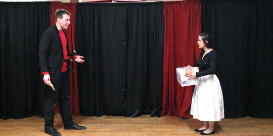 PHOTO: Ofelia (Beatriz Browne) attempts to return Hamlet's (Alex Dabertin) tenders of affection in Bad Quarto's 2016 production of 		
				<em>Hamlet: The First Quarto</em>, directed by Tony Tambasco. Photo by James M. Smith.