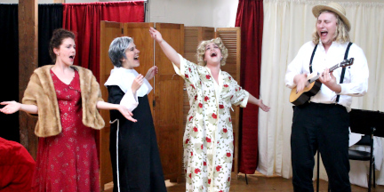 PHOTO: The cast (from left to right: Rachel Marie Kemp as Anna Karenina, Kirsten Egenes as Sophia Tolstoy, Brigette Estola as Mae West, and James Overton) sings their curtain number in Bad Quarto's 2017 production of 		
				<em>Anna Karenina Lives!</em>, directed by Tony Tambasco. Photo by James M. Smith.