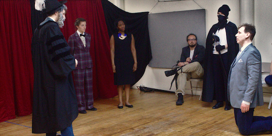 Duke Leontius (Brandon Fox) banishes his son Leucuppus (Alex Dabertin) so he can have Bacha (Sabrina Robinson, center) to himself  in Bad Quarto's 2017 production of <em>Cupid's Revenge</em>, directed by Angelina LaBarre. Photo by James M. Smith.